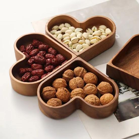 Wooden Serving Trays Stackable Candy Dish Heart-Shaped Nut Snack Tray Multi-tiered Platters for Coffee Table Rustic Home Decor