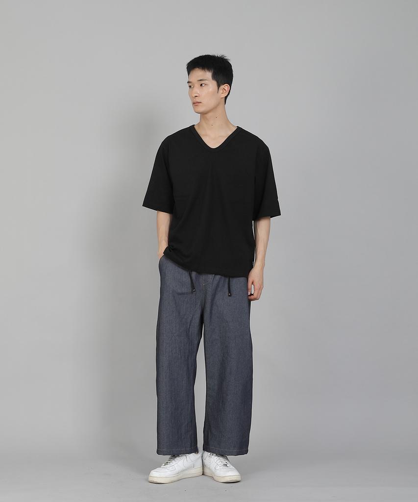Seinteukeulu Plain V-Neck 16S Cotton Knee-Length Short Sleeve T-Shirt V-8A01 Black