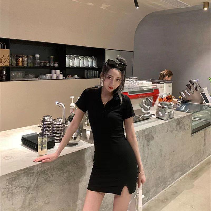 2026 New Korean Style Women's Slim Fit Polo Collar Spicy Girl Dress with Hip-Hugging Slit Skirt