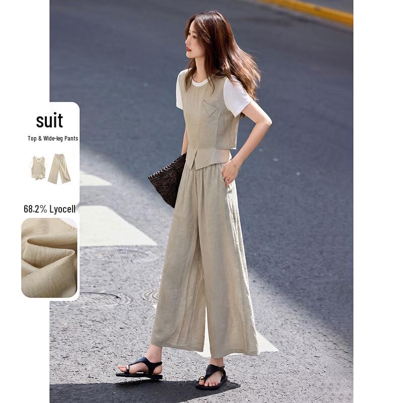 Lyocell French Style Faux Two-Piece Shirt & Wide-Leg Pants Set XL