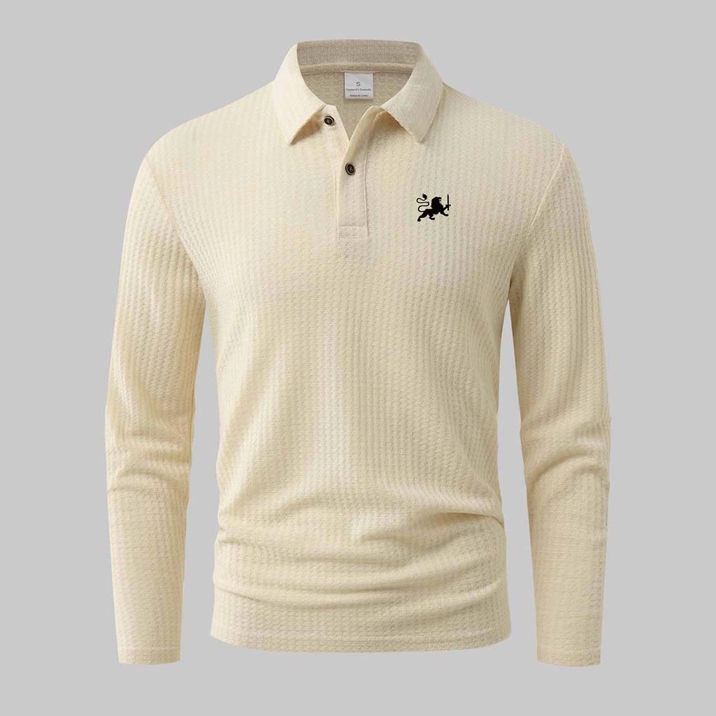 Polo Shirts for Men Lion Sword Print Ribbed Long Sleeve