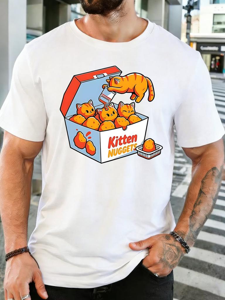 Unisexs Royal Blue Crew Neck Tee Kitten Nuggets Fast Food Box Graphic Print Loose Summer Street Casual Daily Basic Short Sleeve Top