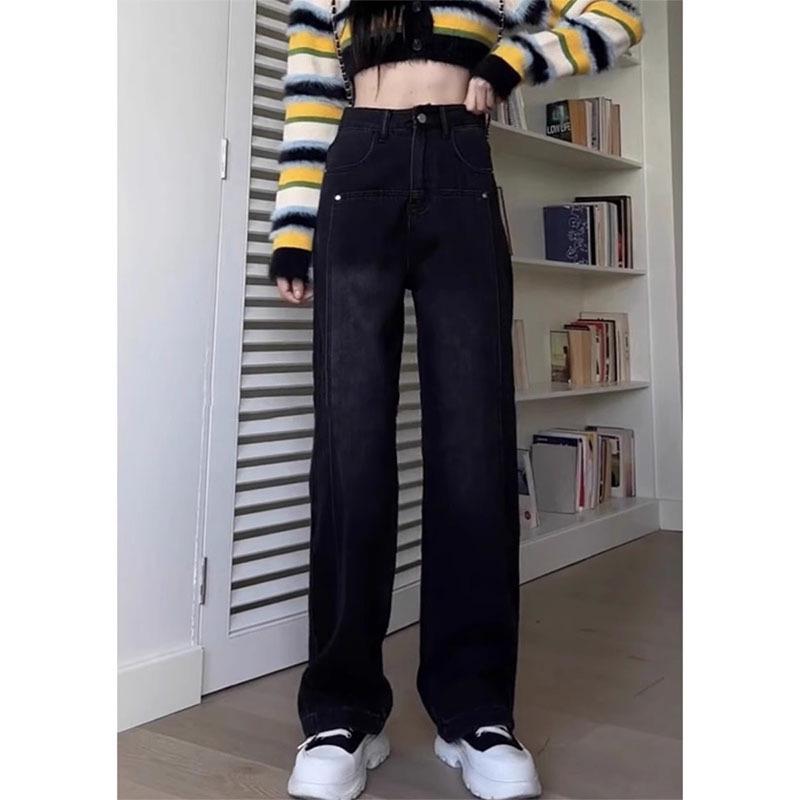 Women's Black Fleece-Lined Straight-Leg Jeans, Plus Size, Slimming Fit, Autumn/Winter 2024 Collection