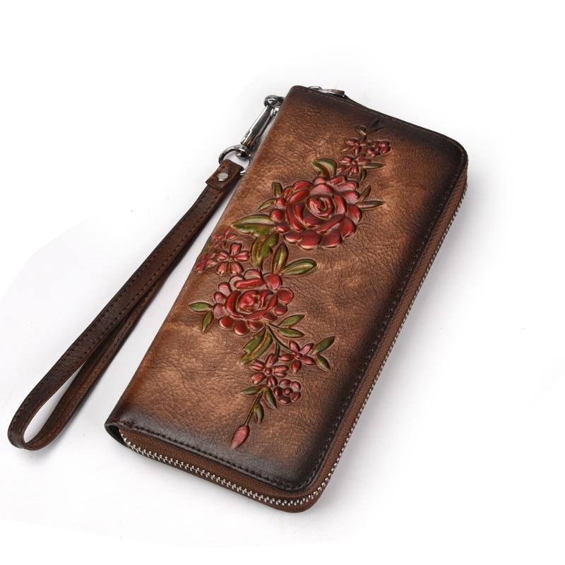 European and American Fashion Retro Tree High Leather Zipper Bag, Genuine Leather Top Layer Cowhide, Hand Polished Casual Handbag, Fashionable Wallet