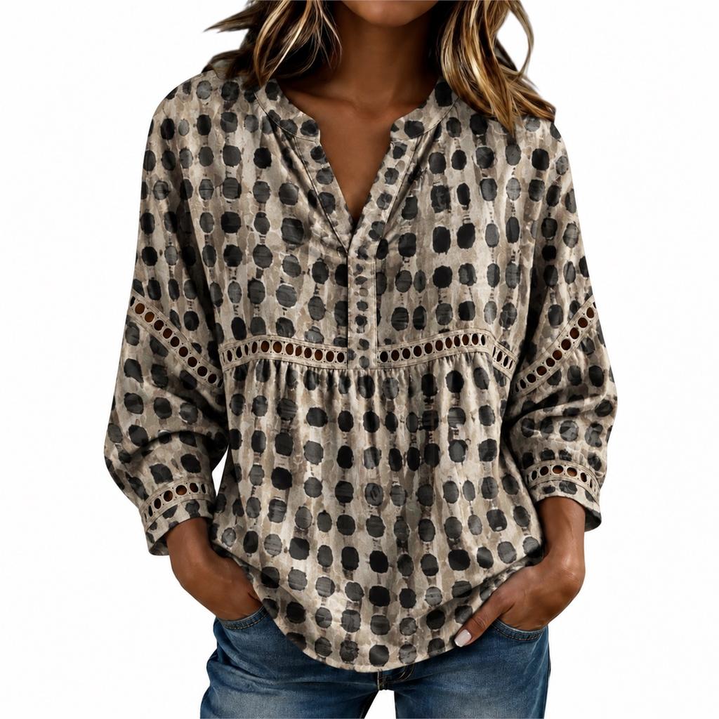 Women's V-Neck Cutout Lace Trim 3/4 Sleeve Loose Fit Blouse Top for Casual Everyday Wear