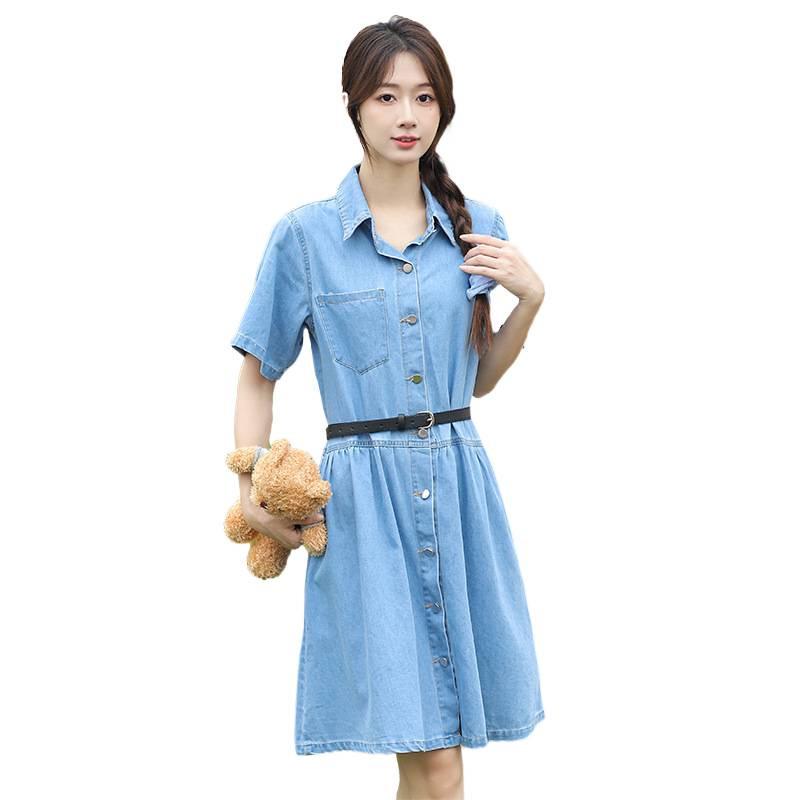 2026 European & American Washed Denim Ruffle Slimming Dress with Lapel