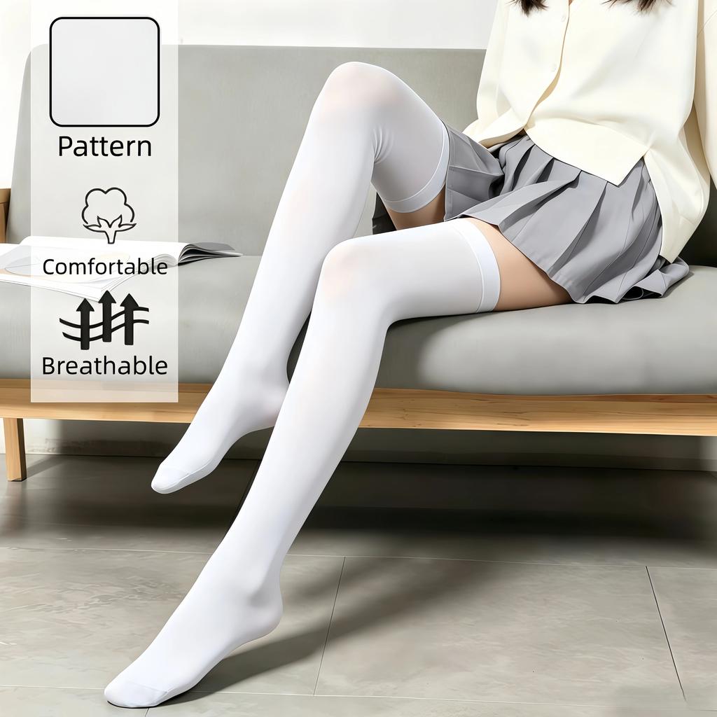 Women'S Solid Pure White Thigh High Socks Skin Friendly All Purpose Over The Knee Stockings For Daily Casual Outdoor Use