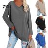 Tunic Blouse V-neck Long Sleeve Mid-Length T-shirt Top Spring Autumn Solid Color Loose Pullover Streetwear Lady Jumper