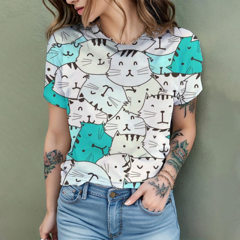 2024 New Fashion Women's T Shirt Cute Cat Printed Short Sleeve Round Neck Fun Pattern T Shirt Summer Home Casual Women's Tops