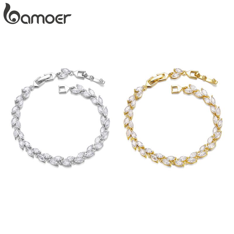 BAMOER White Gold Plated Sparkling Cubic Zirconia Classic Olive Leaf Bracelet, Gold Bracelets for Women Fashion Jewelry