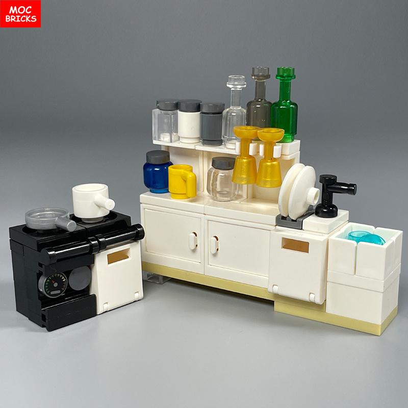 MOC Blocks Kitchen Cabinet Tableware Tool Coffee Maker Machine Water Dispenser Cooking Bench Learning Construction Block Children Toy