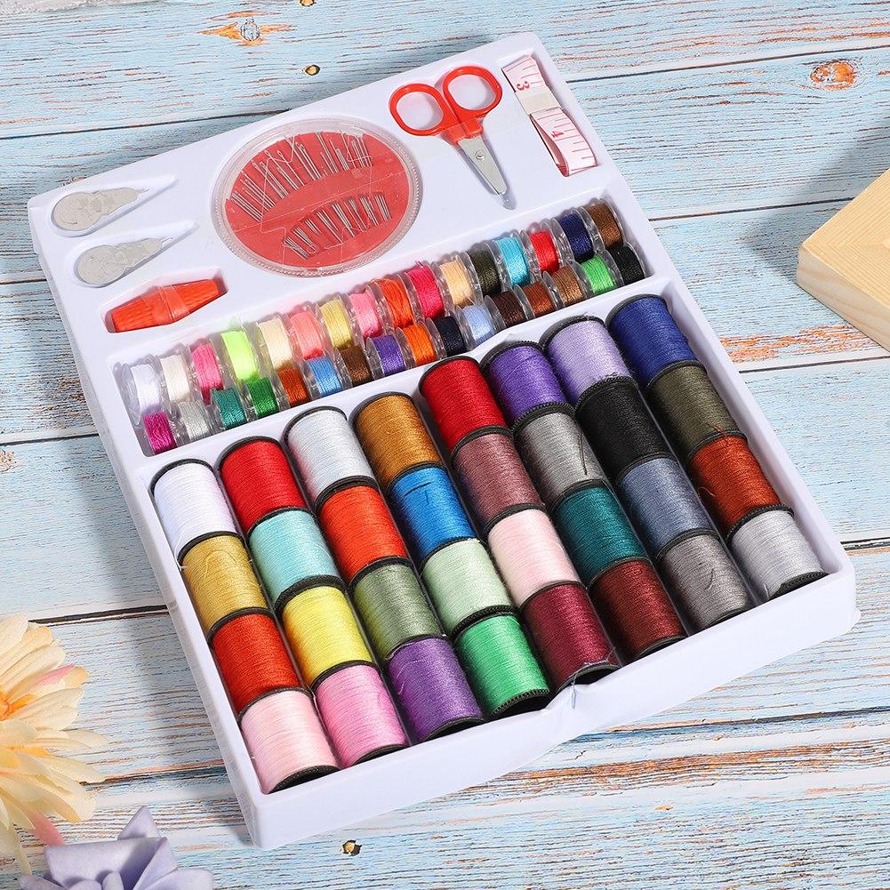 64 Rolls Portable Sewing Box Thread Spools Scissor Needles Accessories Set for Hand Stitching Embroidery Craft