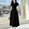 ZANZEA Women Casual Round Neck Solid Color Elegant Short Sleeve Dress