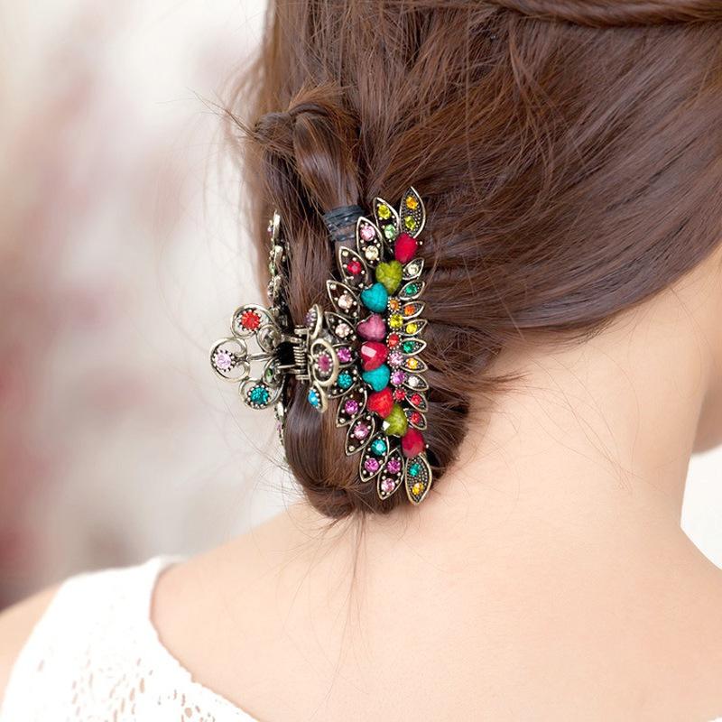 Big Metal Hair Claw Jewelry Vintage Flower Hair Claws Crab Women Banquet Rhinestone Hair Clip Accessories