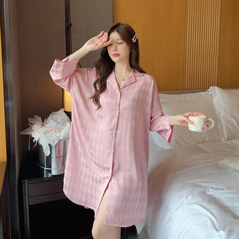 

Summer plaid simple ice silk nightdress lapel cardigan shirt skirt long sleeve spring and autumn thin fashion pajamas women One size fits all