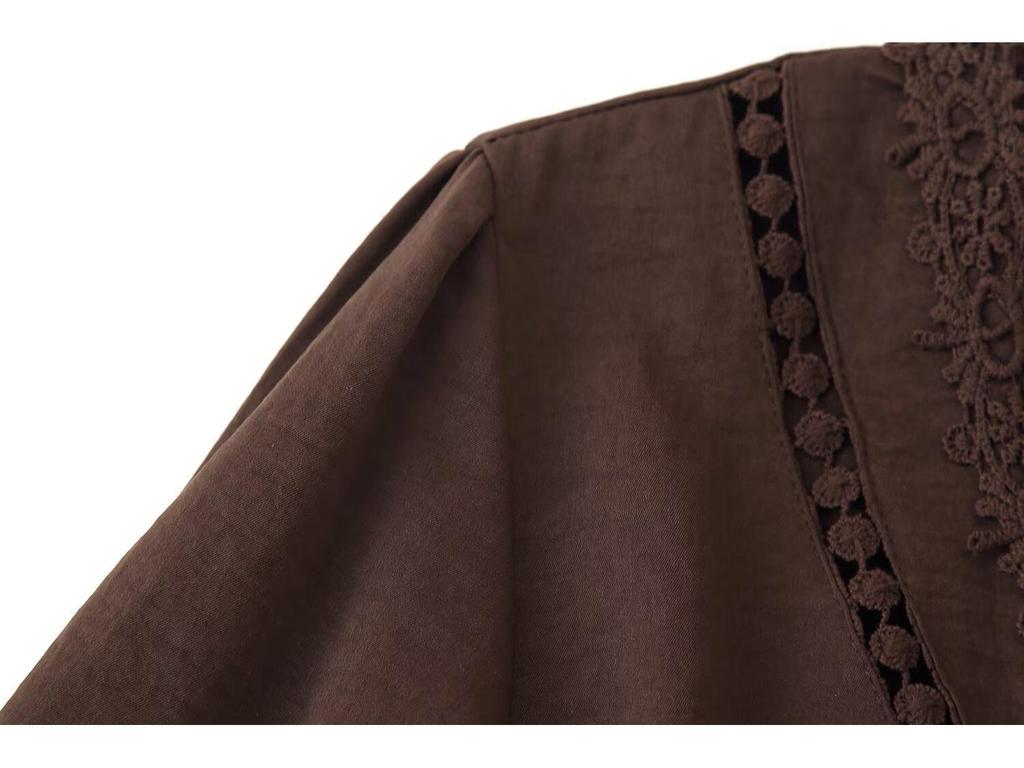 Women's European American Lace Trim V-Neck Long Sleeve Dress