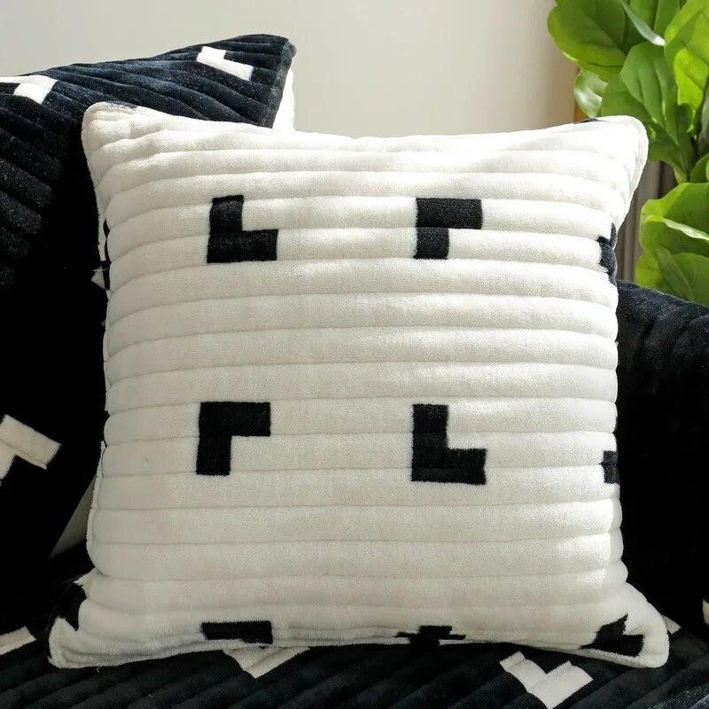 Thickened Black and White Sofa Cushion Winter Plush Non-Slip Simple Modern Plaid Straight Row Sofa Cover Cover Cloth Cushion