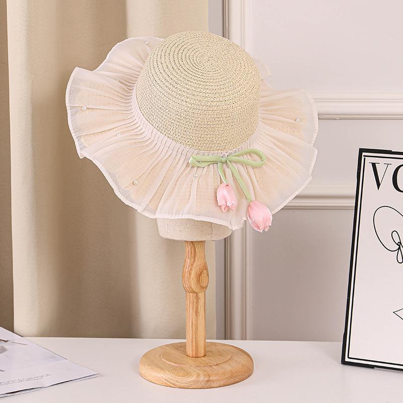 Children's straw hat summer sun hat girls straw visor idyllic princess sun hat seaside beach hat