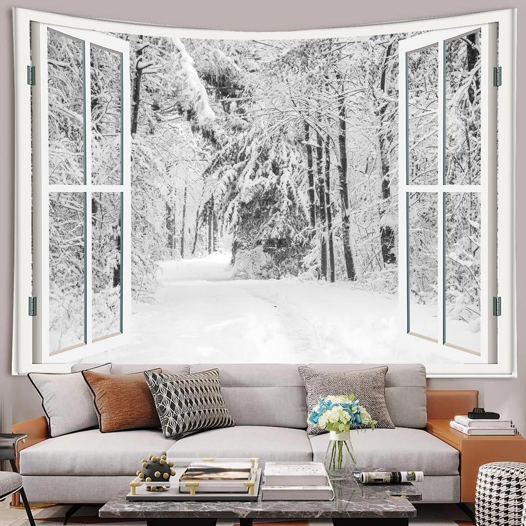 Winter Tapestry Fantasy Forest Snowy Christmas Trees White Snowflake Tapestries Nature Scenery Snowfield Xmas Happy New Year