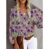TIFICY Women's Fashion Casual Spring Autumn Flower Pattern Print Long Sleeve V-Neck Blouses & Shirts
