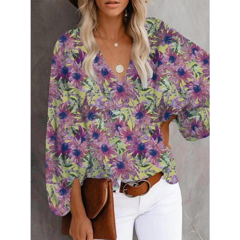 TIFICY Women's Fashion Casual Spring Autumn Flower Pattern Print Long Sleeve V-Neck Blouses & Shirts