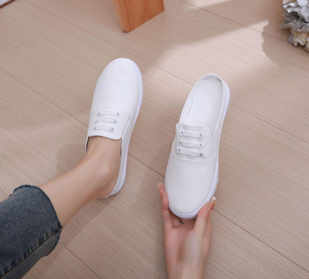 White Women's 2024 Summer Versatile Two-Way Flat Canvas Slip-On Shoes
