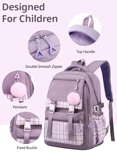Maeau Backpack/Shoulder Bag for Girls, Elementary School Students, Waterproof, Large Capacity, Nylon Check, Korean Style, School-Style, Purple