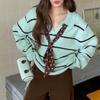 Womens Yellow Striped Polo Neck Sweater Loose Fit Long Sleeve Knit Top Fall Winter