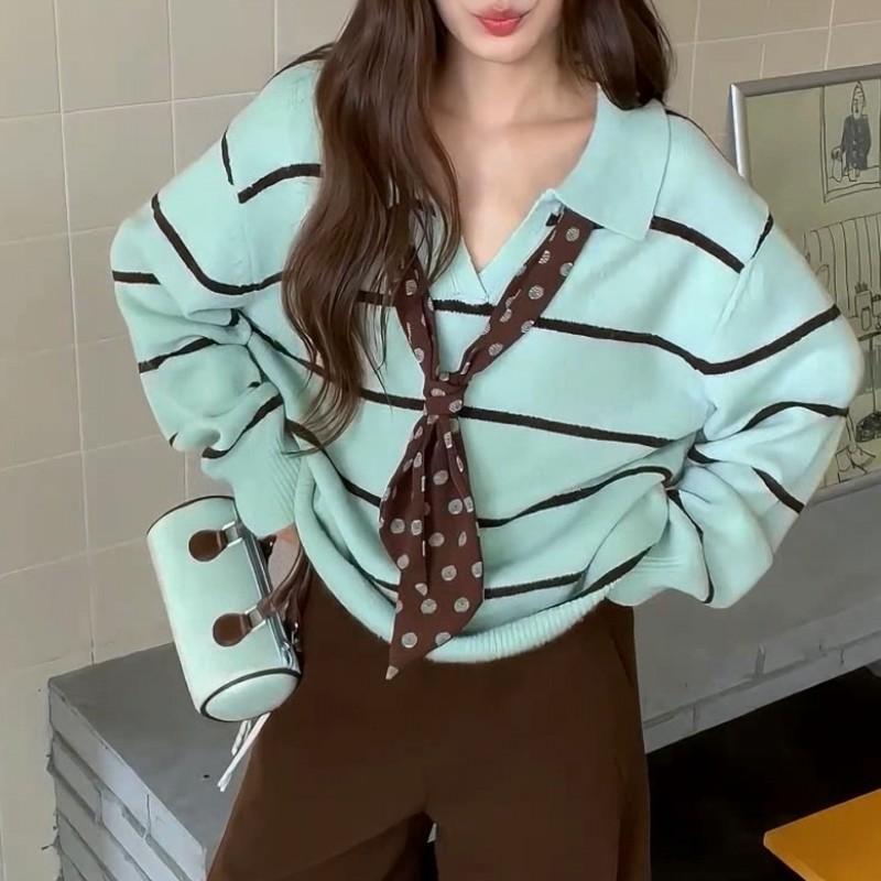 Womens Yellow Striped Polo Neck Sweater Loose Fit Long Sleeve Knit Top Fall Winter