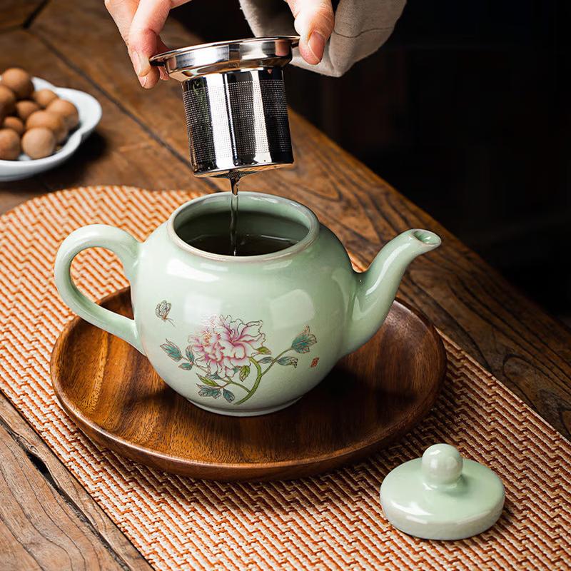 Ru Kiln Teapot with Magpies on Plum Branch Design
