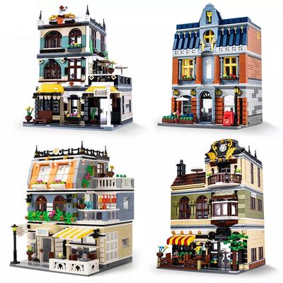 Blocs de construction avec vue sur la rue et la ville, café, boutique, jardin, hôtel, Restaurant, magasin, briques d'architecture, modèle de jouet, cadeau pour enfant