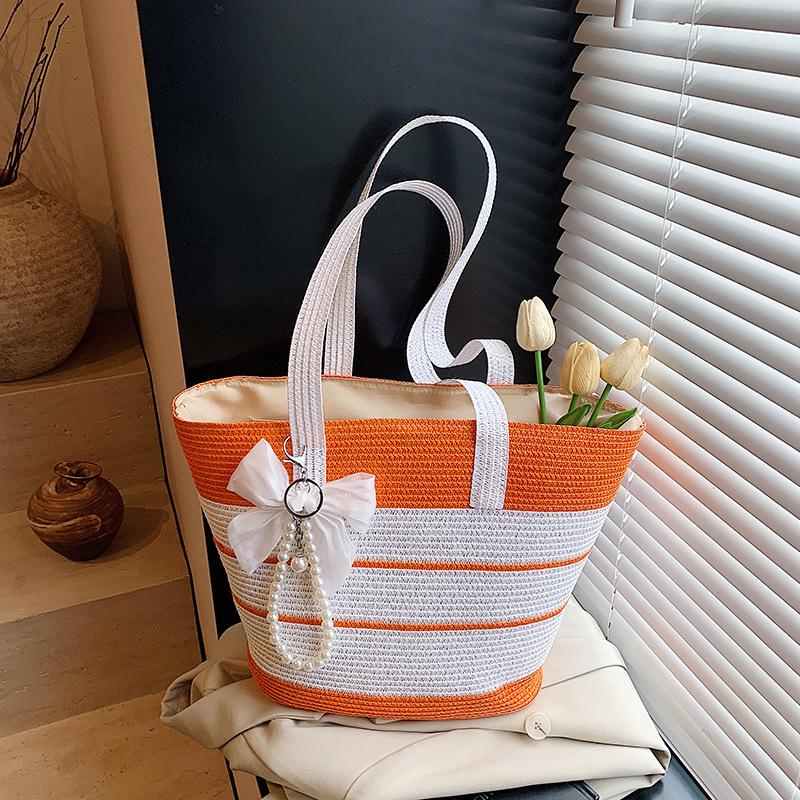 Striped large-capacity straw bag women's new summer woven shoulder bag seaside vacation beach bag