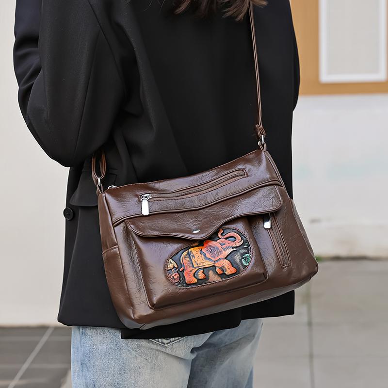 Women's Bag Embossed Elephant Shoulder Bag Large Capacity Crossbody Bag Middle-aged Mother Bag