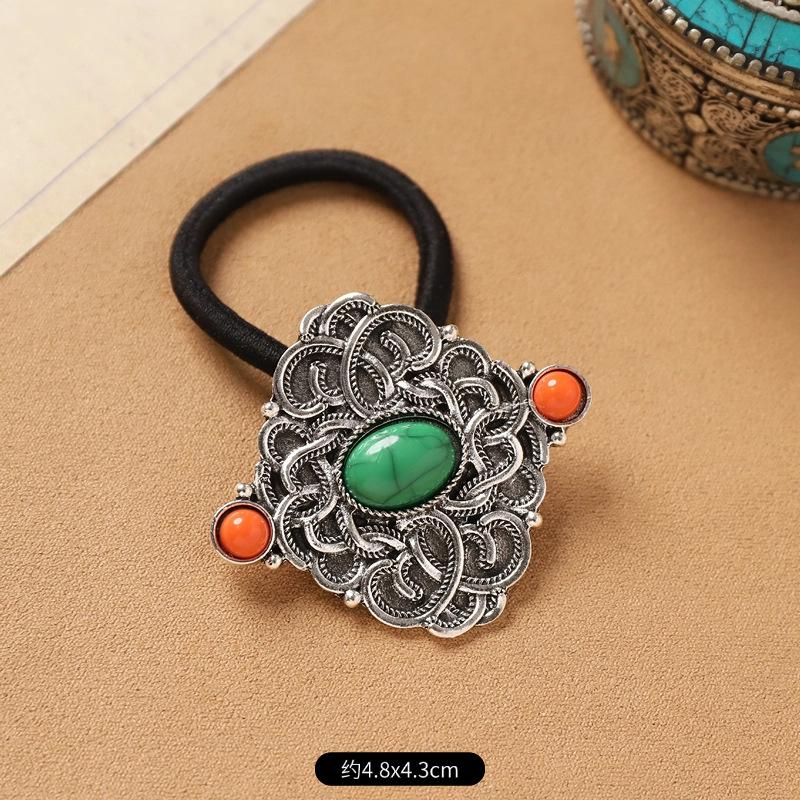 Mongolian Tibetan hair accessories retro turquoise inlaid hair rope niche exotic hair tie rubber band headrope women