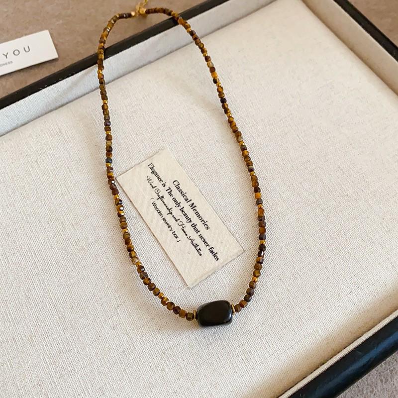 

Винтажное ожерелье «Тигровый глаз» - Коричневый круглый кулон для осенне-зимней моды, Элегантная женская цепочка для свитера во французском стиле