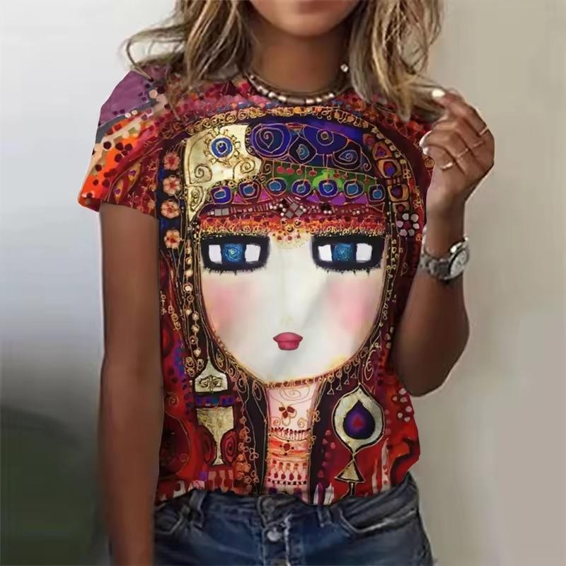 

3D Printed Abstract Face Painting T-shirts Retro Girl Pattern Top Summer Round Neck Short Sleeved Women s T-shirts XS