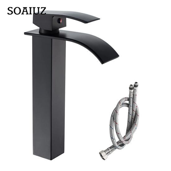 Brushed Nickel Waterfall Bathroom Faucet Modern Single Handle Ceramic Valve Core Sink Faucet with Hose Deck Plate (High Style)