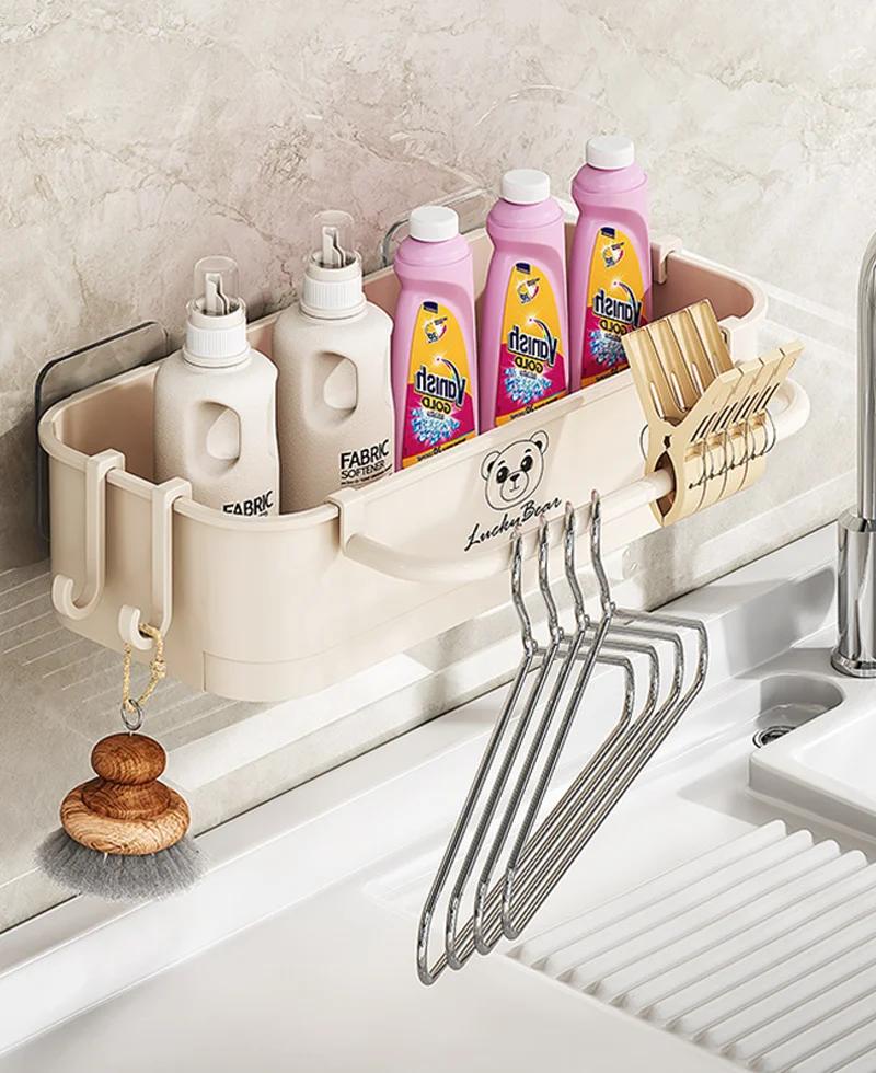 Wall Mount PP Plastic Kitchen Sink Drain Rack No Drill Sponge Soap Holder Slide Out Drip Tray Towel Hook Bathroom Organizer