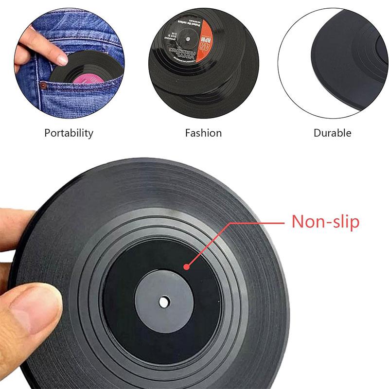 6 Pcs Vinyl Record Coasters Set Non-Slip Coasters for Drinks Retro Record Player Coasters for Music Lovers Kitchen Decoration