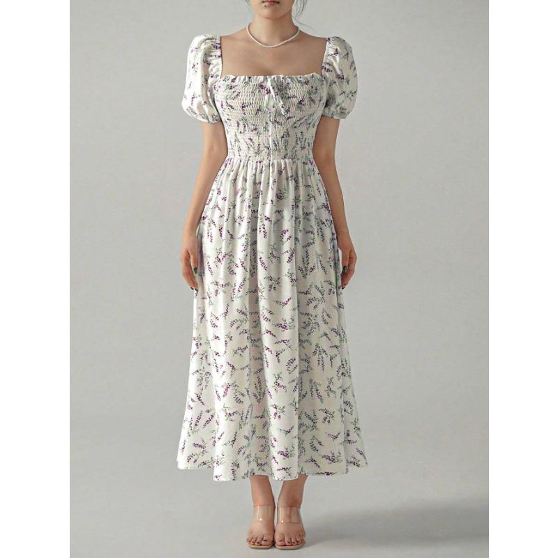 Summer New Style Square Collar Type A Printed Ladies Elegant Long Skirt