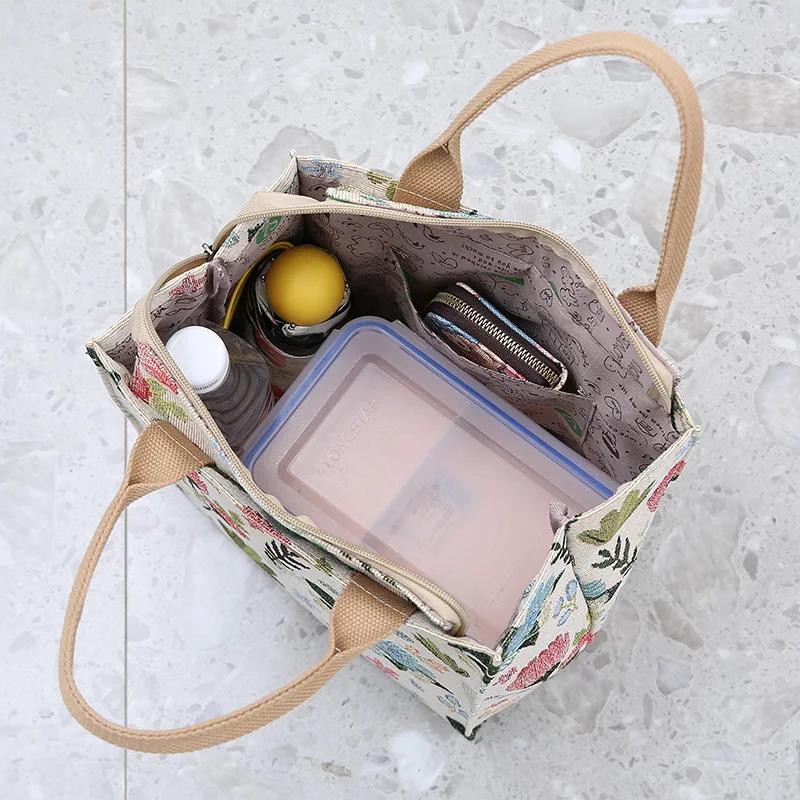 Aesthetic Floral Print Lunch Bag Insulated Large Capacity Lunch Bag Thermal Cooler Handbag for School Work Travel Picnic Gift