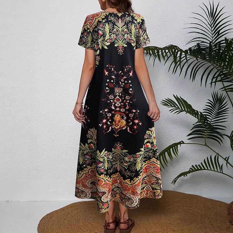 Bohemian V-Neck Short Sleeve Maxi Dress – Flowy Boho Printed Long Dress for Women, Casual Summer Sundress with Ethnic Floral Pattern