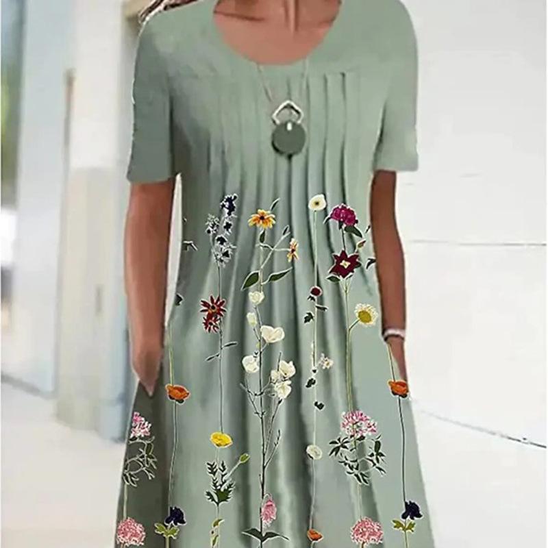 Spring and Summer Floral Print Crew Neck Pocket Women's Fashion Casual Crew Neck Trend Print Medium and Long Dress