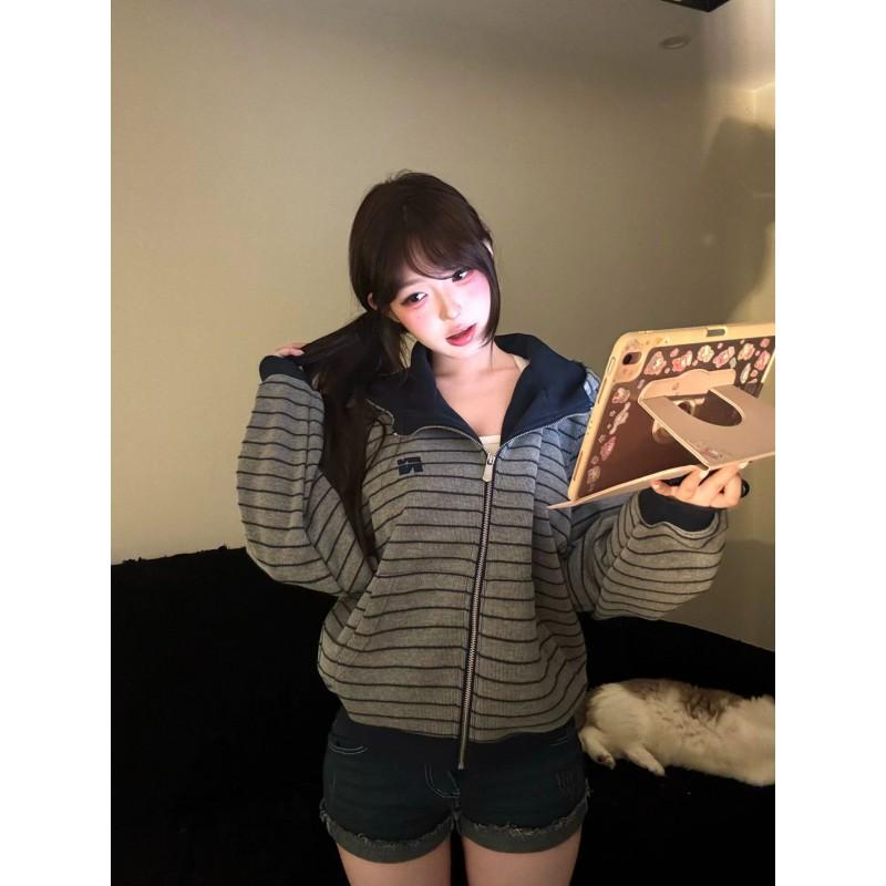 Womens Striped Color Block Zip Up Hoodie Loose Fit Casual Fall Sweatshirt