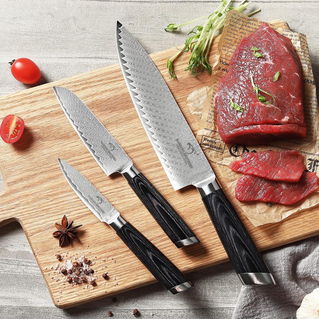 Set de cuțite Nanfang Brothers VG10 cu miez de oțel, set de cuțite mici din oțel Damasc, Santoku, cu ascuțire, tăieturi bune, tăieturi precise, pentru gătit acasă