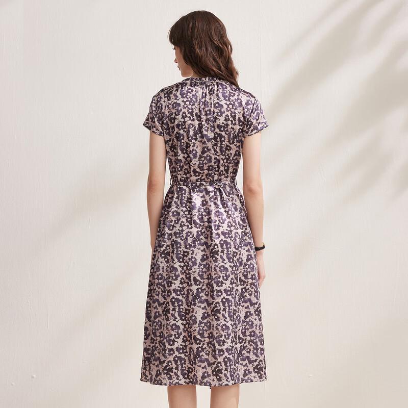 Zhaojun Women's Mulberry Silk Floral Short-Sleeve Slit Satin Dress
