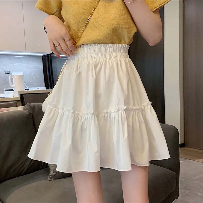 White Skirt Woman Elastic Waist Agaric Edge Solid Color A-line Skirt Sweet Lovely Preppy Style Spring and Summer