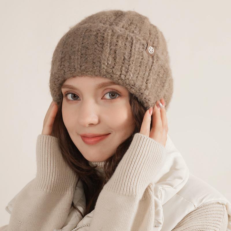 New Autumn and Winter Warm Wool Hat for Women Riding Ear Protection Simple Solid Color Pullover Hat Patch Smiling Face Versatile Knit Hat