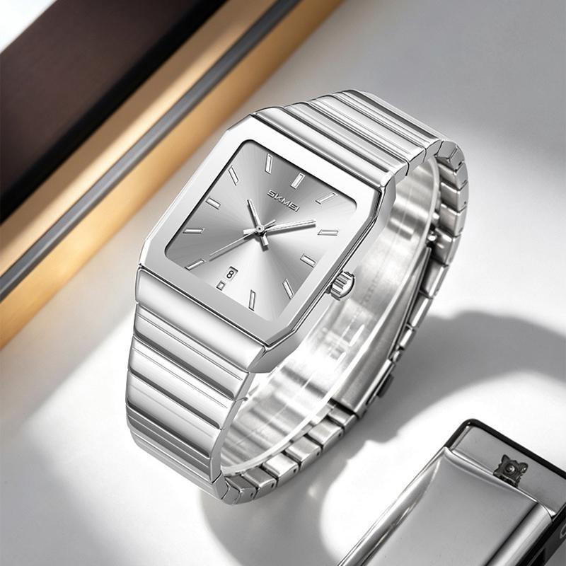 Mens Minimalist Square Analog Watch Luminous Date Waterproof Steel Strap Casual Business Quartz Wristwatch