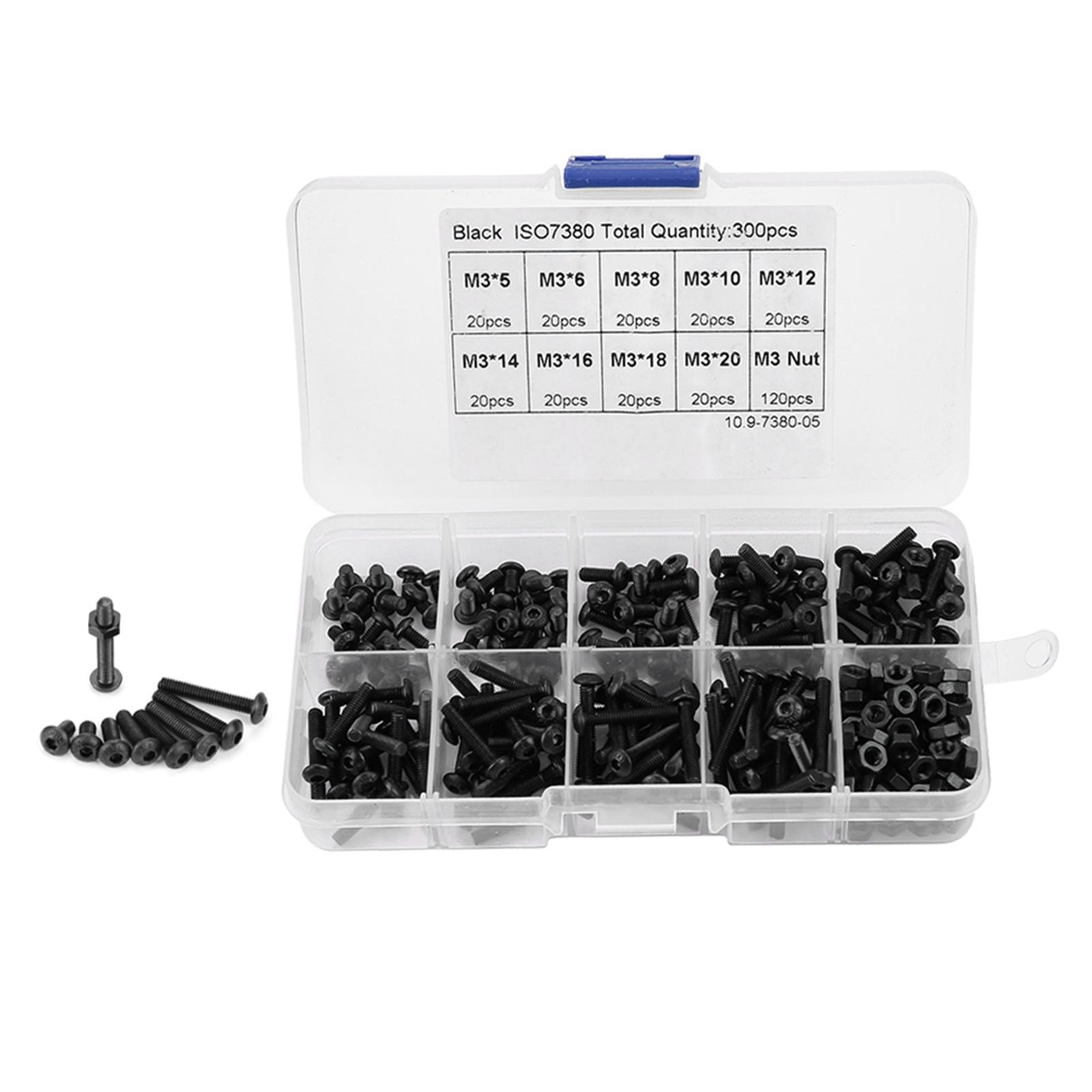 

300pcs M3 Black 10.9 Grade Button Head Hex Socket Screw Bolt Nut Assortment Kit